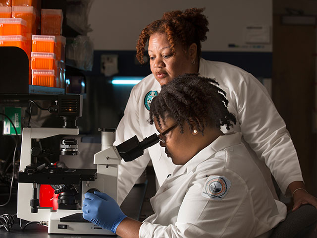 Two pharamacy researchers looking at microscope