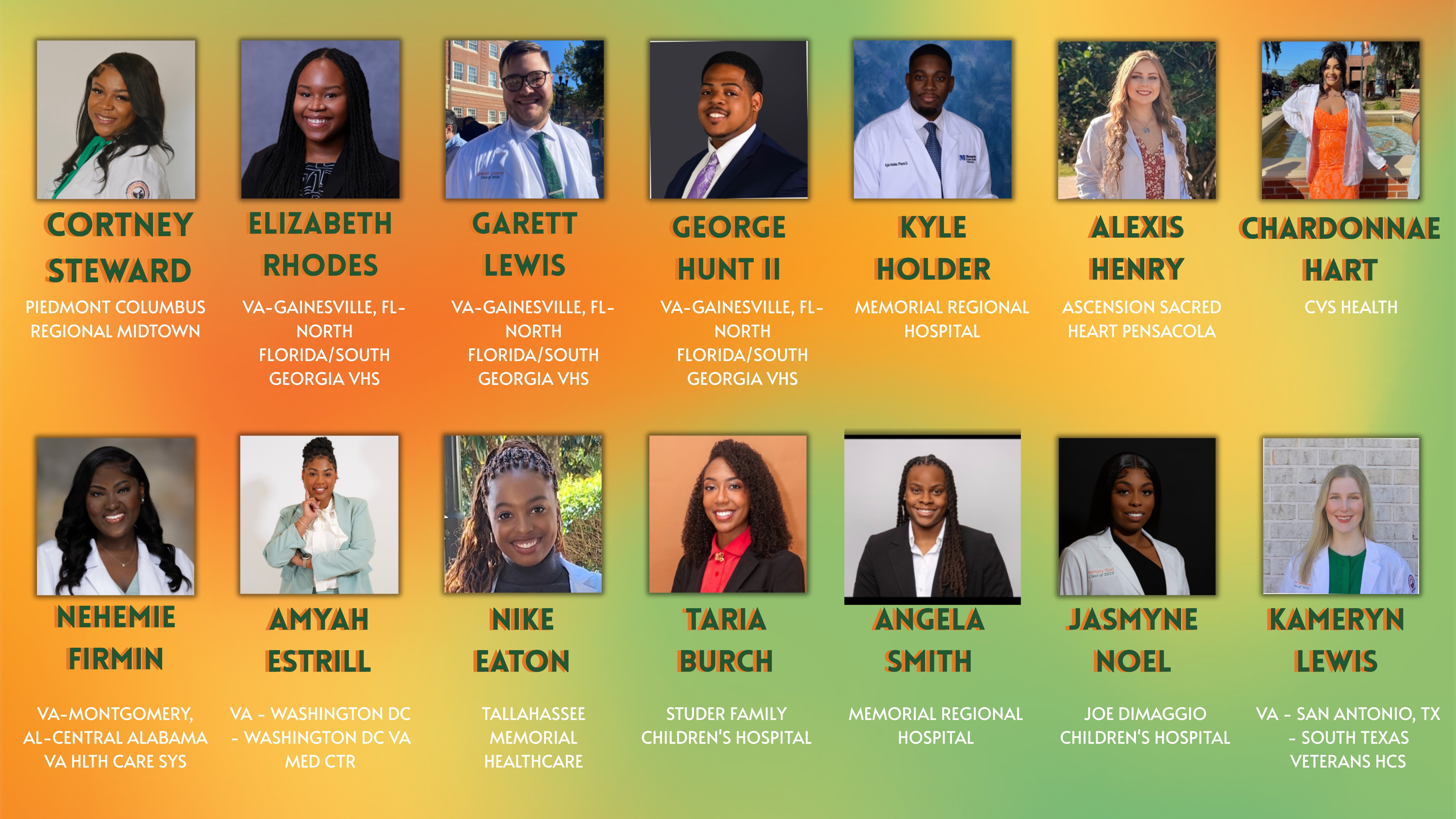 Cortney Steward — Piedmont Columbus Regional Midtown Elizabeth Rhodes — VA-Gainesville, FL (North Florida/South Georgia VHS) Garett Lewis — VA-Gainesville, FL (North Florida/South Georgia VHS) George Hunt II — VA-Gainesville, FL (North Florida/South Georgia VHS) Kyle Holder — Memorial Regional Hospital Alexis Henry — Ascension Sacred Heart Pensacola Chardonnay Hart — CVS Health  Nehemie Firmin — VA-Montgomery, AL (Central Alabama VA Health Care System) Amyah Estrill — VA Washington DC Medical Center Nike Eaton — Tallahassee Memorial Healthcare Taria Burch — Studer Family Children’s Hospital Angela Smith — Memorial Regional Hospital Jasmyne Noel — Joe DiMaggio Children’s Hospital Kameryn Lewis — VA San Antonio, TX (South Texas Veterans Health Care System)