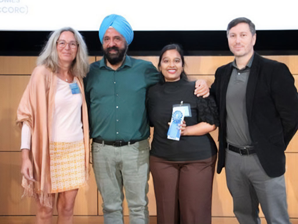 (Left to right): Dr. Almut G. Winterstein, Professor for Pharmaceutical Outcomes and Policy, Dr. Mandip Sachdeva, Professor and Section Leader, Pharmaceutics and his pharmaceutics doctoral candidate Mounika Aare, and Dr. Max  Orezzoli, Associate Professor of Healthcare & Social Sciences