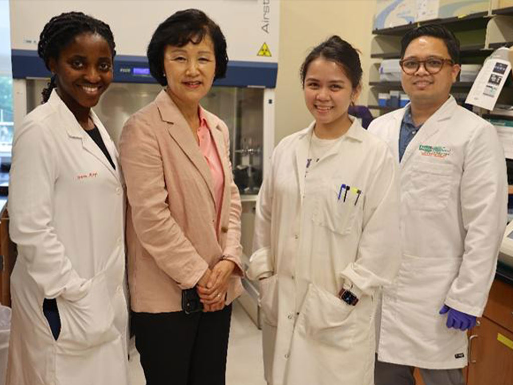 Pictured in Dr. Lee’s lab L-R: Itunu Ajayi, Ph.D. learner, Dr. Eunsook Lee, Principal Investigator, Alexis Digman, Ph.D. learner, and Dr. Edward Pajarillo, Assistant Professor in Research.