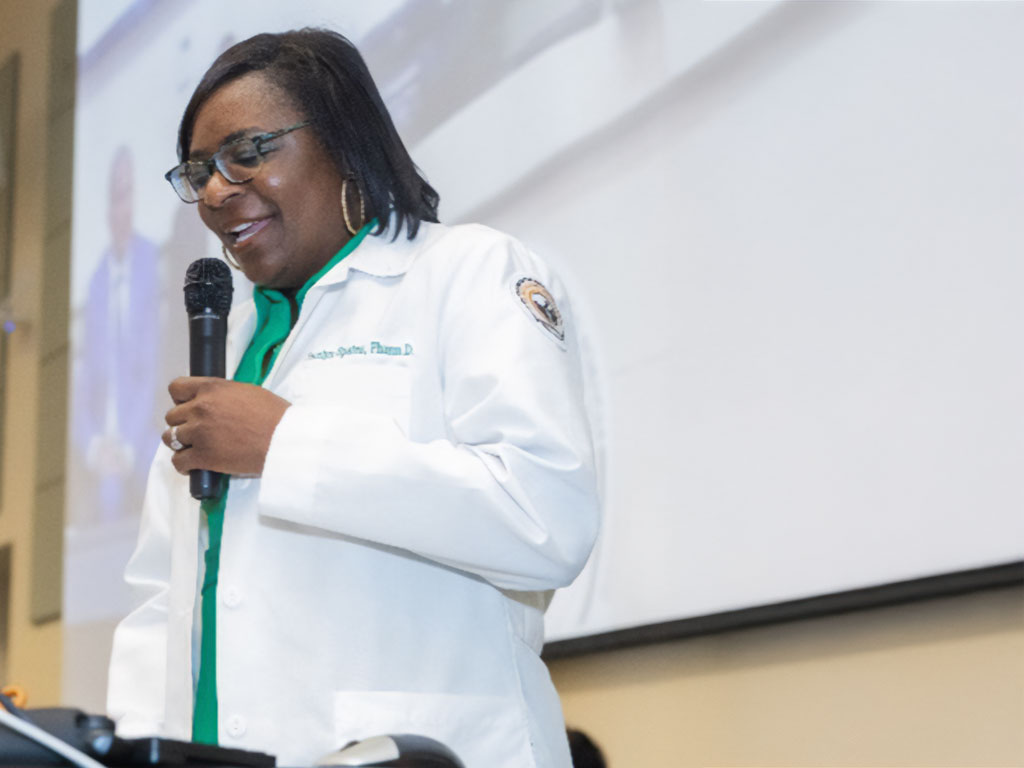 Dr. Spates is always enthusiastic addressing attendees at the signature “White Coat Ceremony” where student-learners and their families, friends, and supporters are celebrated for their accomplishments thus far. image