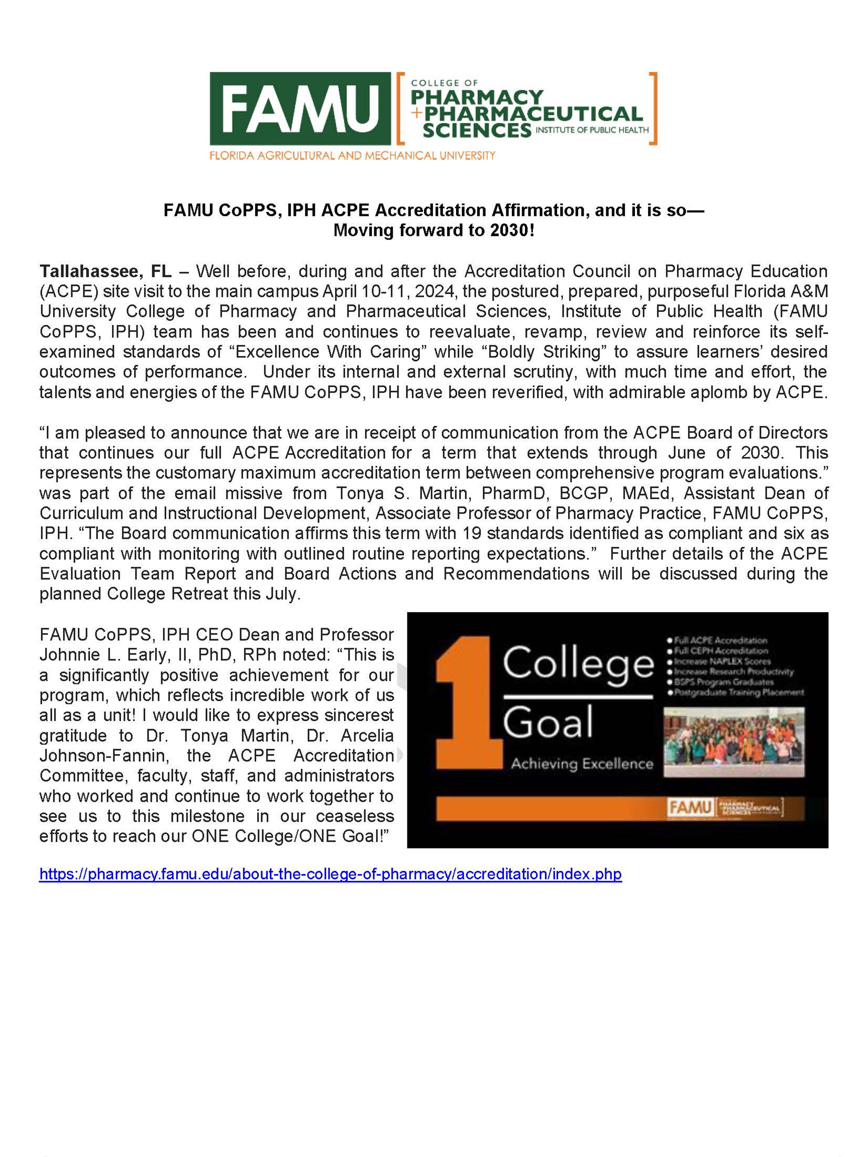 FAMU CoPPS, IPH ACPE Accreditation Affirmation, and it is so- Moving forward to 2030! 