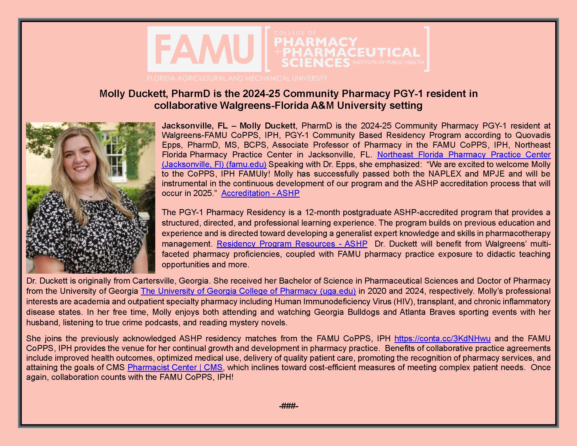 Molly Duckett, PharmD is the 2024-25 Community Pharmacy PGY-1 resident in collaborative Walgreens-Florida A&M University setting