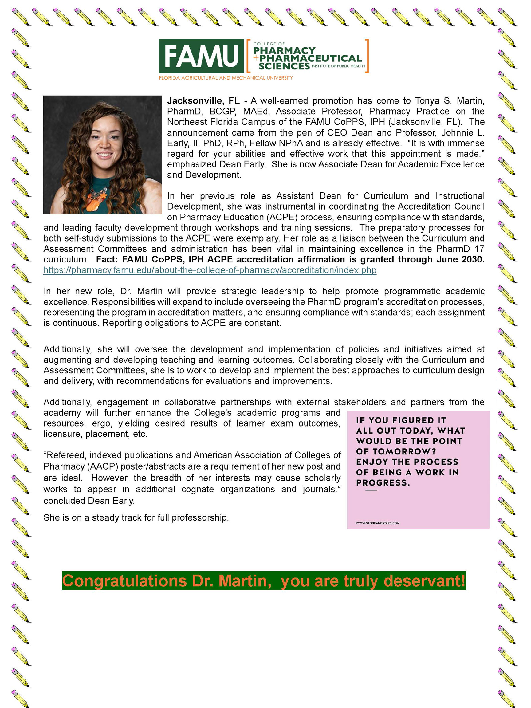 Tonya S. Martin-Davis, PharmD – Promotion to Associate Dean