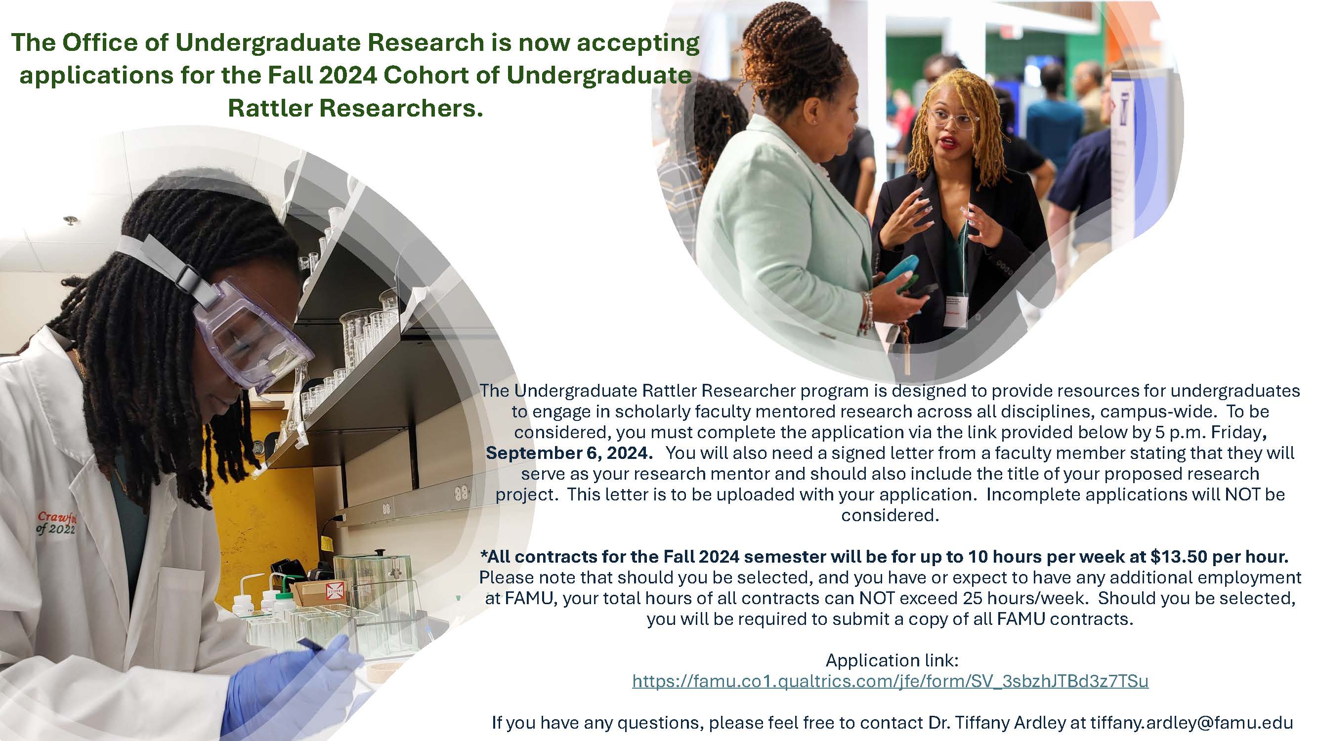 The Office of Undergraduate Research is now accepting applications for the Fall 2024 Cohort of Undergraduate Rattler Researchers.