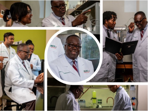 Dr. Ablordeppey (center) is surrounded by some of his student-learners engaged in research, emphasizing the transformation from the bench to the bedside methodology. image